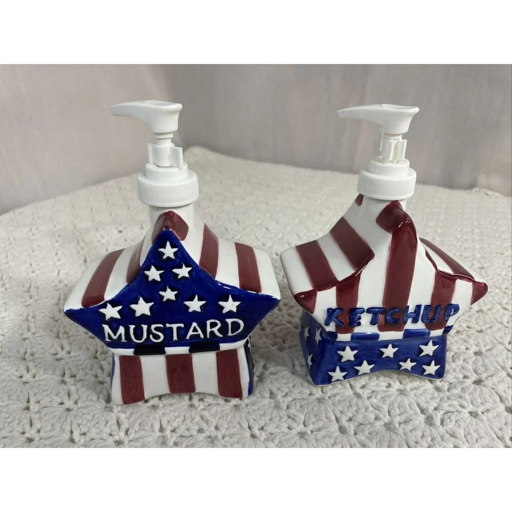 American Flag Mustard & Ketchup Catsup Pump Dispenser Set New Open Box